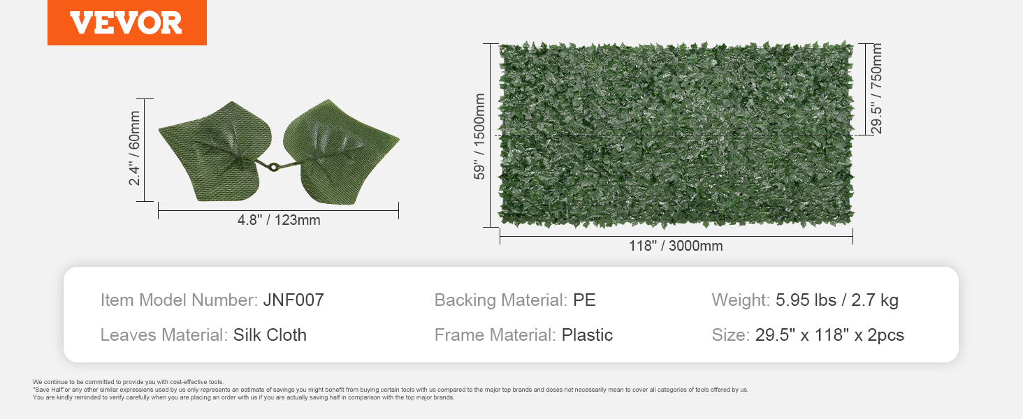 VEVOR mesterséges sövény 150 x 300 cm Borostyánlevél adatvédelmi képernyő Selyemszövet levelek PE hátlap műanyag keret anyaga Adatvédelmi képernyő levelekkel Növény fal kerítés Ideális kerti terasz erkélyéhez