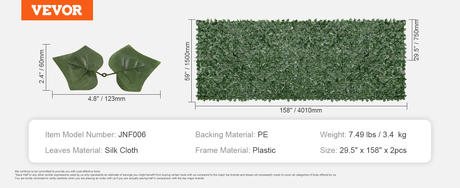 VEVOR mesterséges sövény 401 x 150 cm Borostyán levél adatvédelmi képernyő Selyemszövet levelek PE hátlap műanyag keret anyaga Adatvédelmi képernyő levelekkel Növény fal kerítés Ideális kerti terasz erkélyéhez