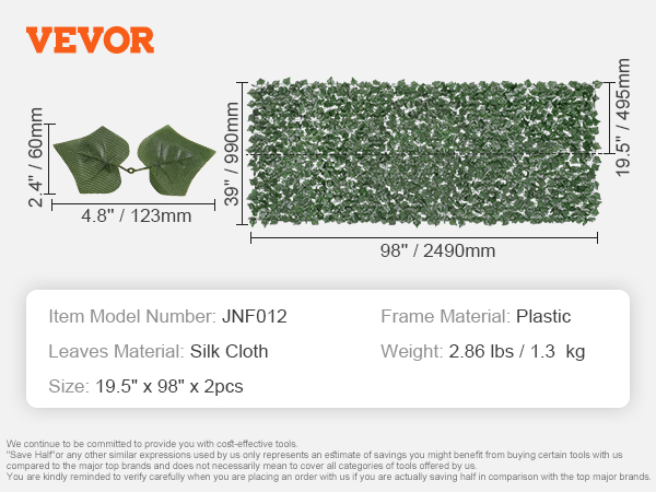 VEVOR Ivy Privacy Fence, 39 x 98 in Artificial Green Wall Screen, Greenery Ivy Fence with Strengthened Joint, Faux Hedges Vine Leaf Decoration for Outdoor Garden, Yard, Balcony, Patio Decor