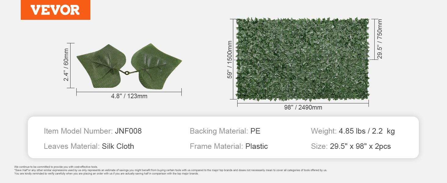VEVOR mesterséges sövény 249 x 150 cm Borostyánlevél adatvédelmi képernyő Selyemszövet levelek PE hátlap műanyag keret anyaga Adatvédelem képernyő levelekkel Növény fal kerítés Ideális kerti terasz erkélyéhez