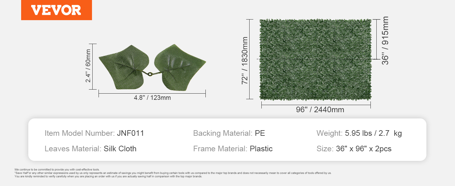 VEVOR mesterséges sövény 244 x 183 cm Borostyánlevél adatvédelmi képernyő Selyemszövet levelek PE hátlap műanyag keret anyaga Adatvédelem képernyő levelekkel Zöld fal Ideális kerti terasz erkélyére