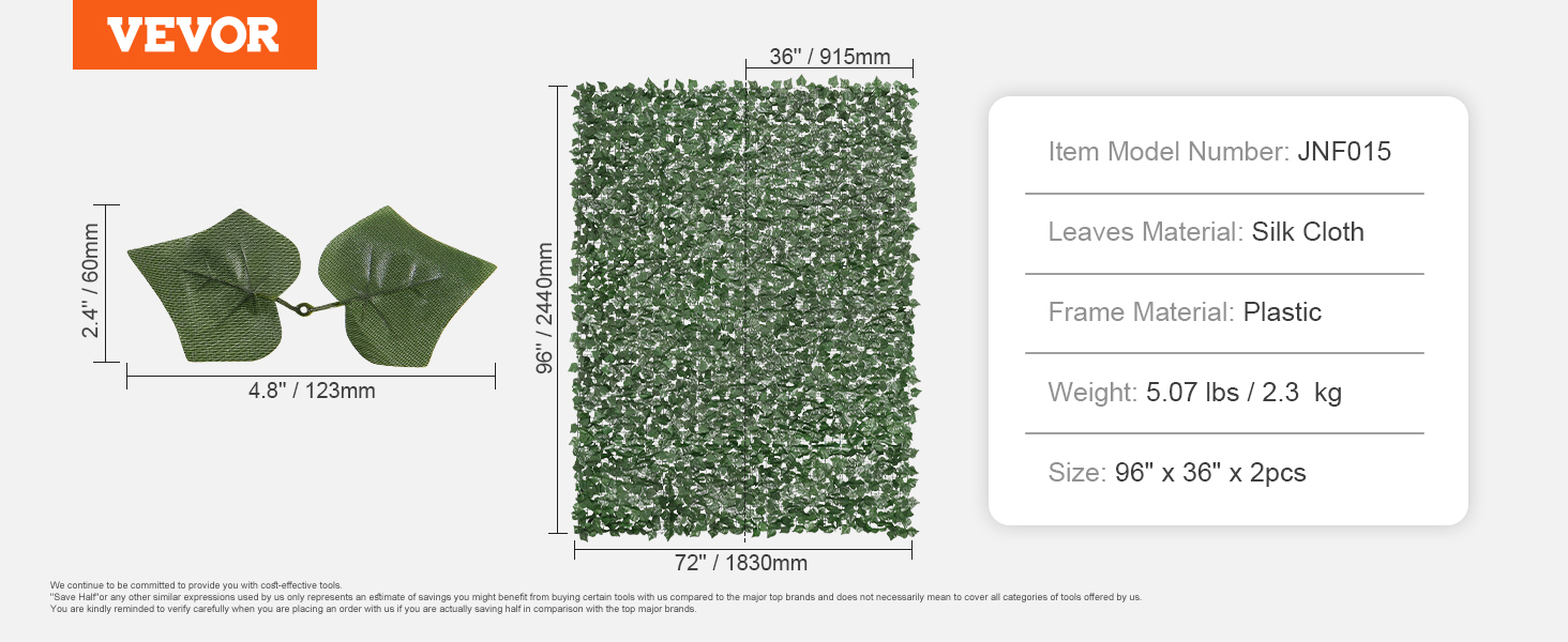VEVOR mesterséges sövény 244 x 183 cm Borostyán levél adatvédelmi képernyő Selyemszövet levelek műanyag keret anyaga Adatvédelem képernyő levelekkel Fal zöldítése Ültetőfal Ideális kerti terasz erkélyéhez