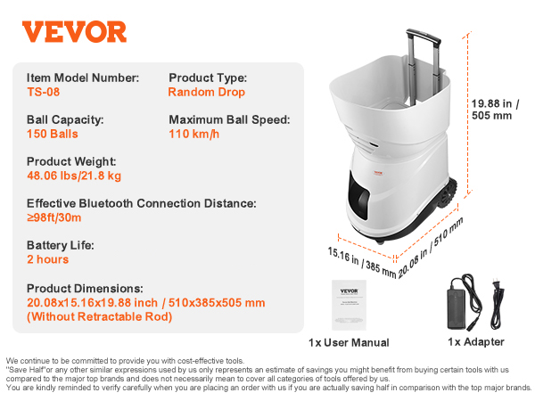 Machine Lance-balles De Tennis Automatique VEVOR - Portative, 150 Balles, Bluetooth 30m