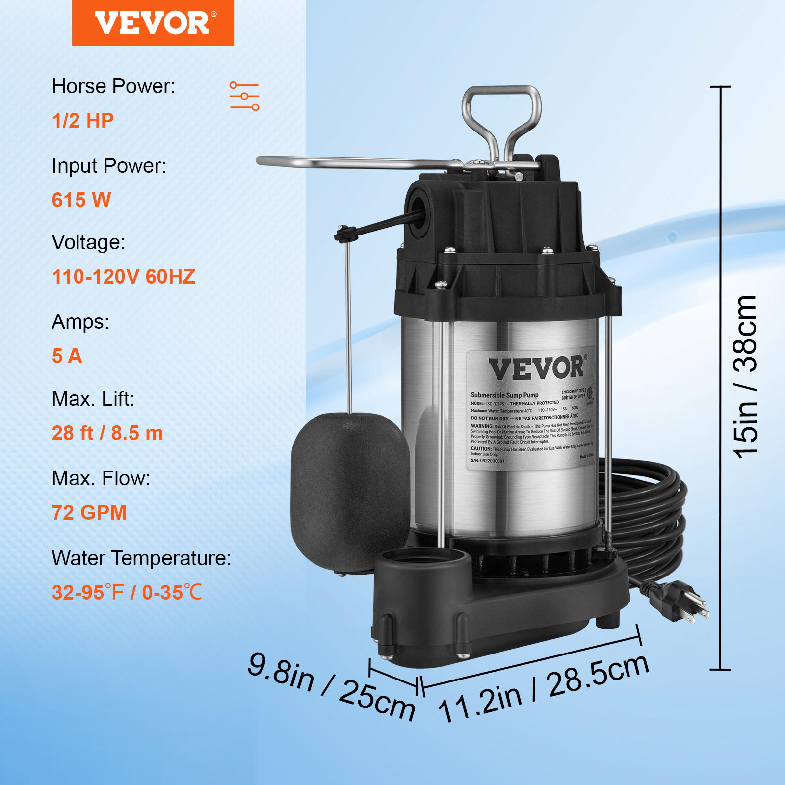 Submersible Sump Pump Water Pump 0.5/0.75/1/1.5 HP 66/72/93/98/100GPM Flow - Picture 9 of 62