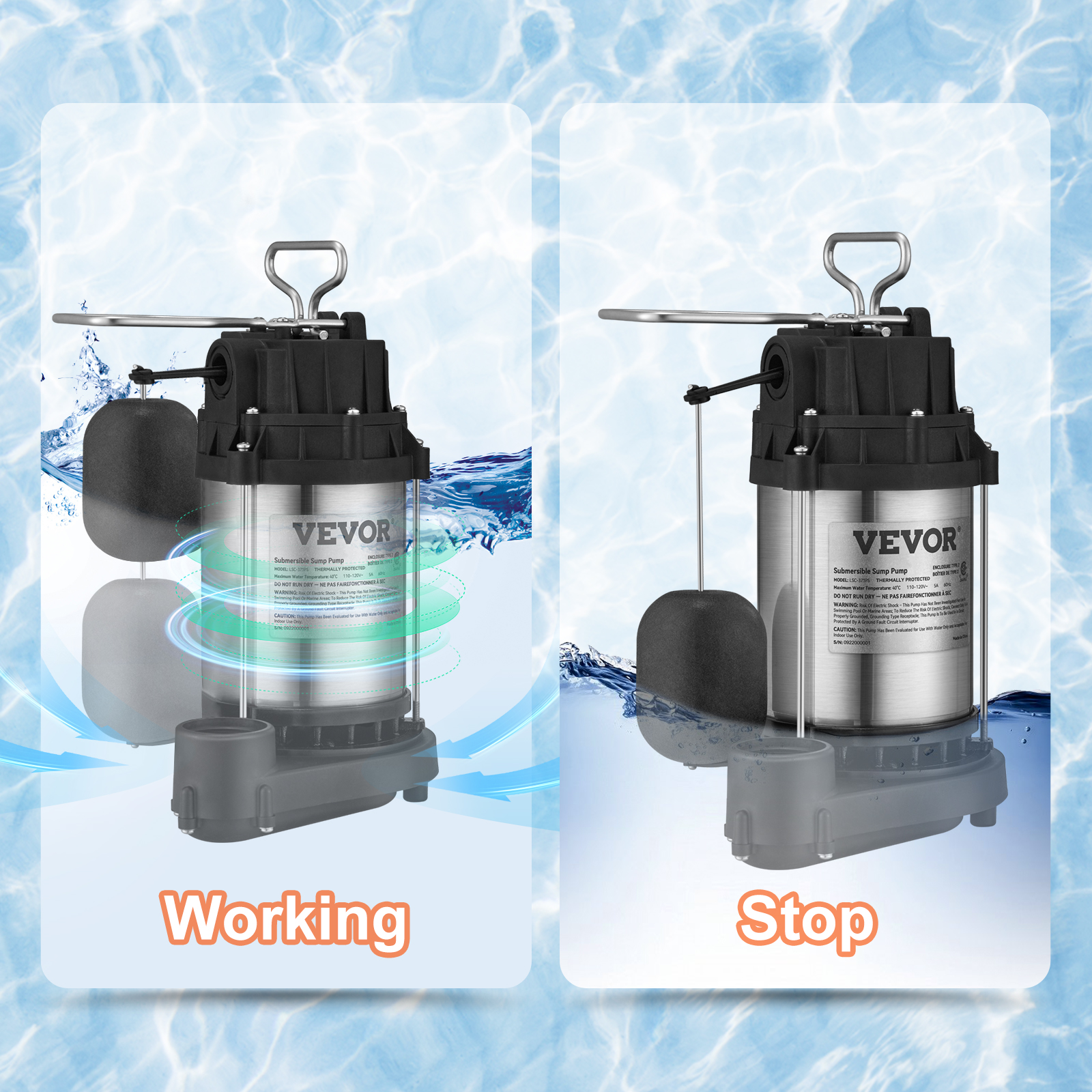 VEVOR Sump Pump, 1.5 HP 6000 GPH, Submersible Cast Iron and Stainless Steel  Water Pump, 1-1/2 Discharge With 1-1/4 Adaptor, Automatic Vertical Float  Switch, for Indoor Basement Water Basin 