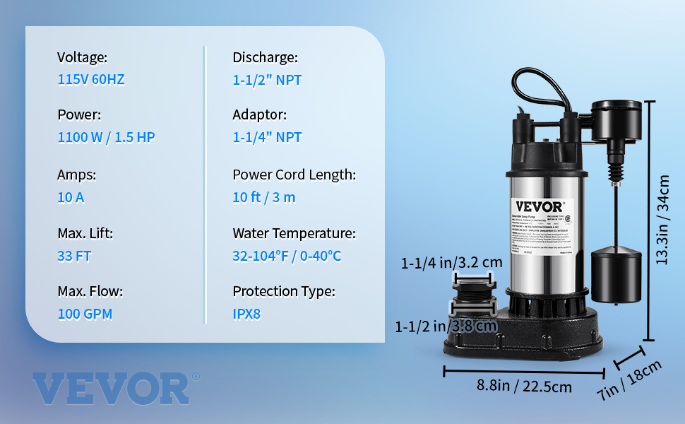 Pompe de puisard VEVOR, 1,5 HP 6000 GPH, pompe à eau submersible en fonte  et acier inoxydable, décharge 1-1/2 avec adaptateur 1-1/4, interrupteur à  flotteur vertical automatique, pour bassin d'eau intérieur sous-sol