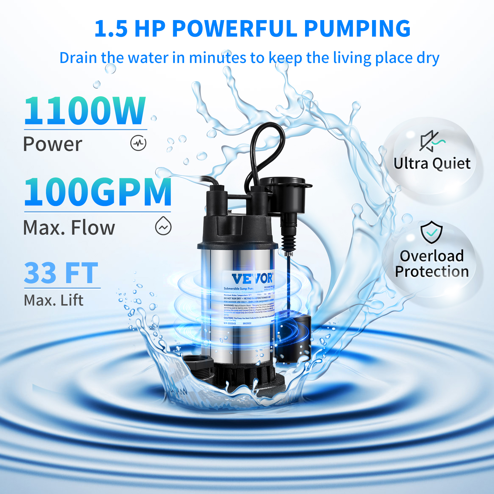 Submersible Sump Pump Water Pump 0.5/0.75/1/1.5 HP 66/72/93/98/100GPM Flow - Picture 17 of 62