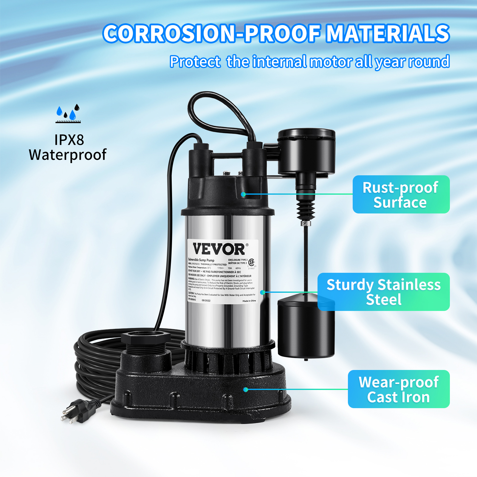 VEVOR Submersible Sump Pump Water Pump 0.5/0.75/1/1.5 HP 66/72/93/98 ...