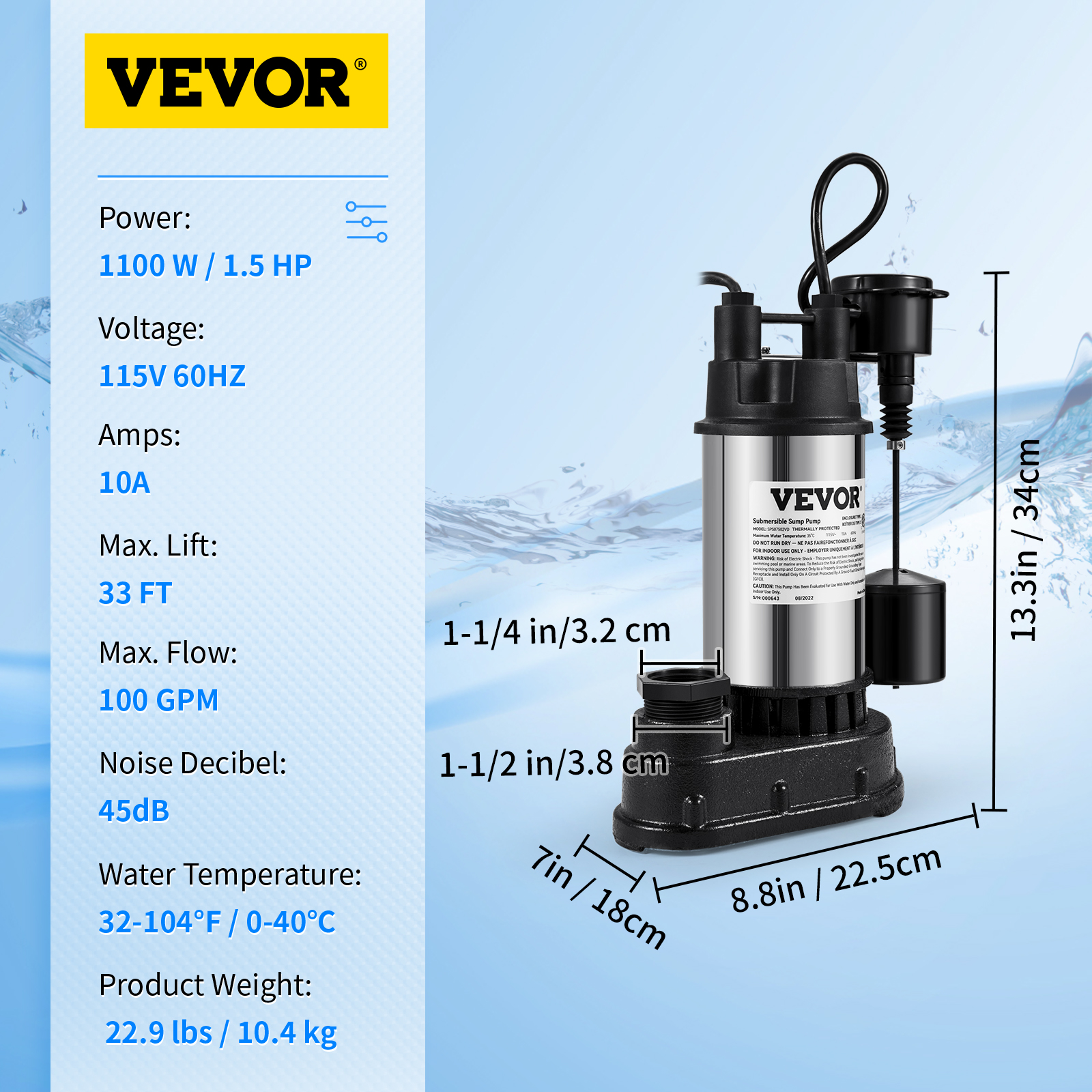 Submersible Sump Pump Water Pump 0.5/0.75/1/1.5 HP 66/72/93/98/100GPM Flow - Picture 21 of 62