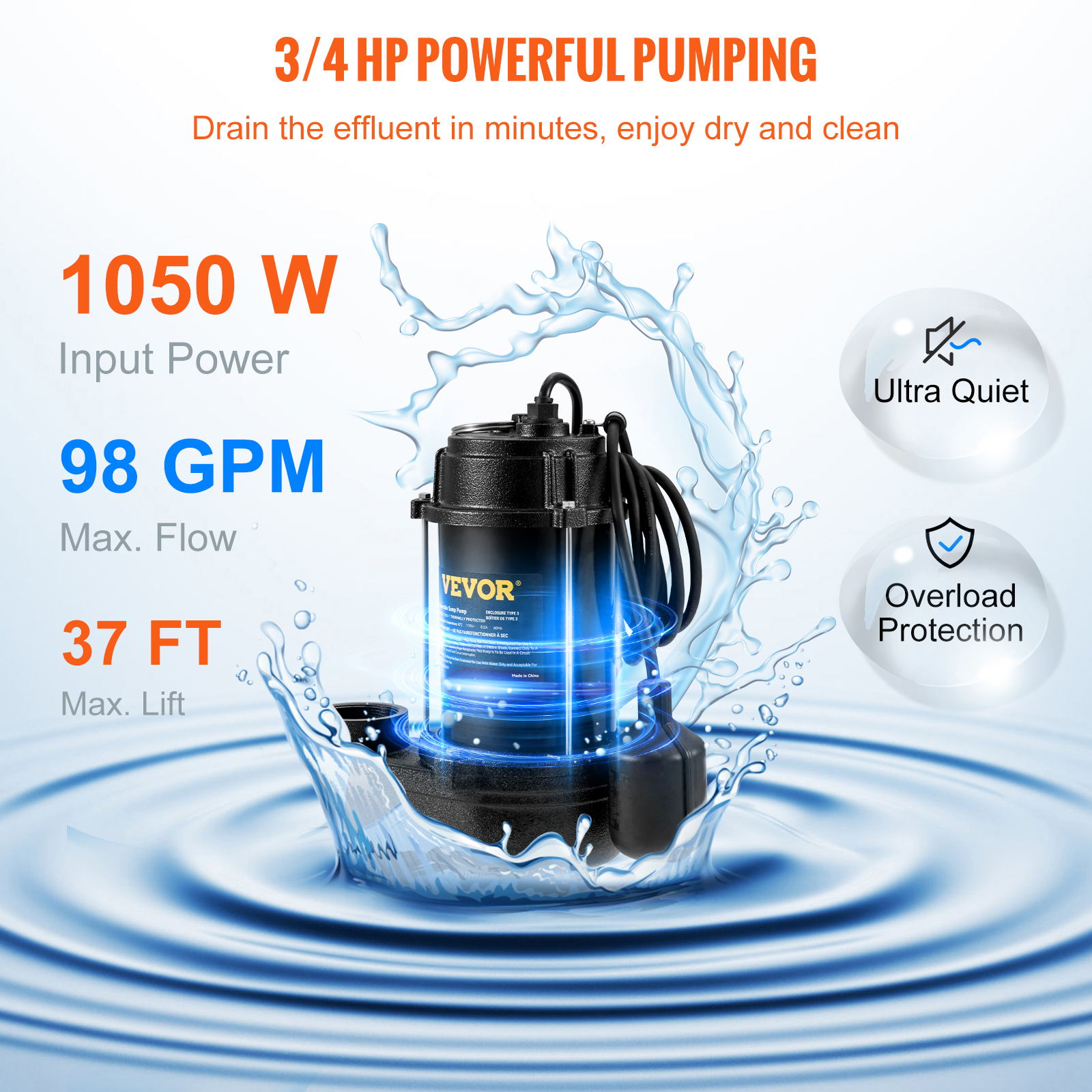 Submersible Sump Pump Water Pump 0.5/0.75/1/1.5 HP 66/72/93/98/100GPM Flow - Picture 41 of 62