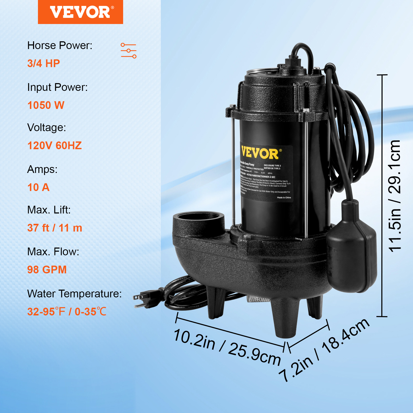 Submersible Sump Pump Water Pump 0.5/0.75/1/1.5 HP 66/72/93/98/100GPM Flow - Picture 45 of 62