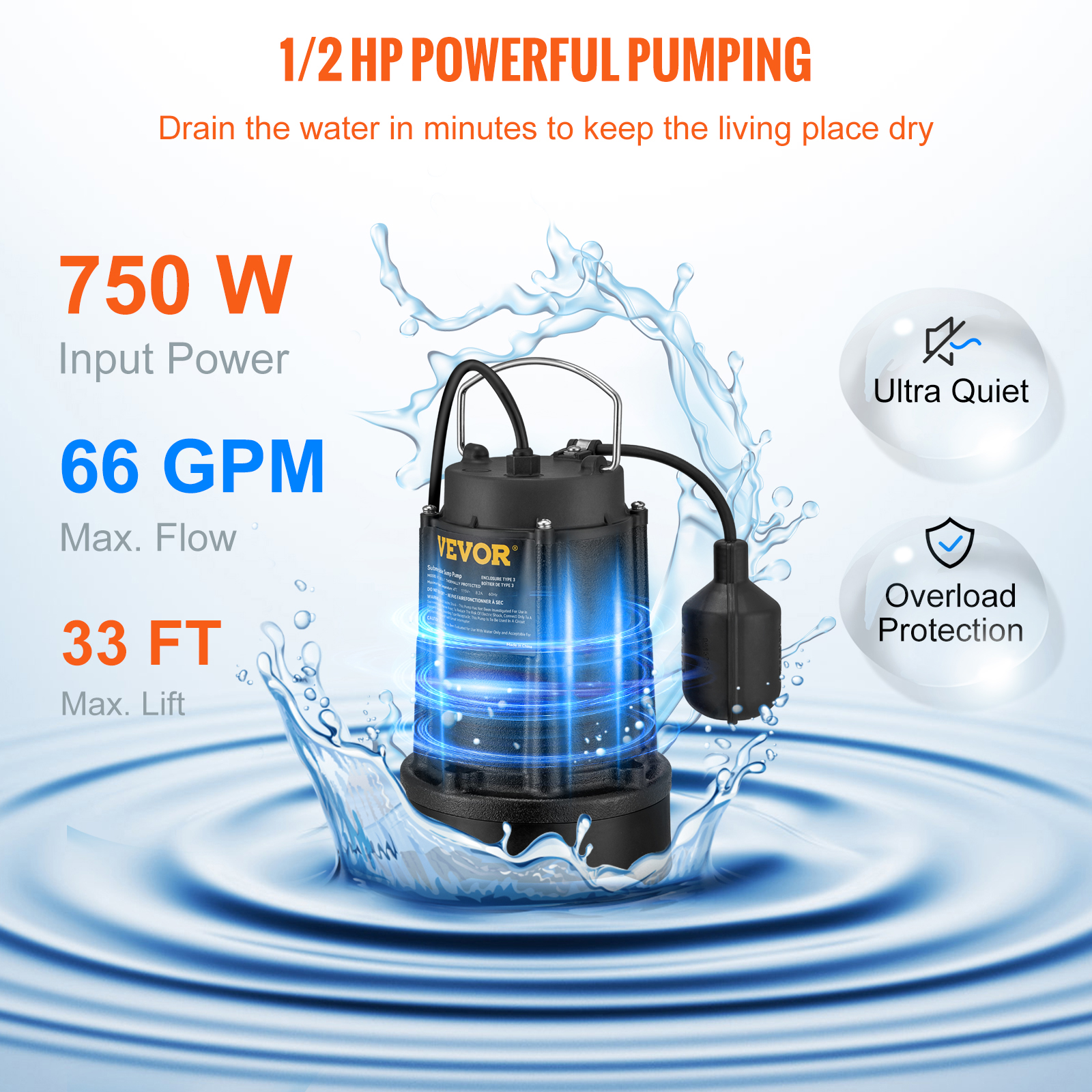 Submersible Sump Pump Water Pump 0.5/0.75/1/1.5 HP 66/72/93/98/100GPM Flow - Picture 29 of 62