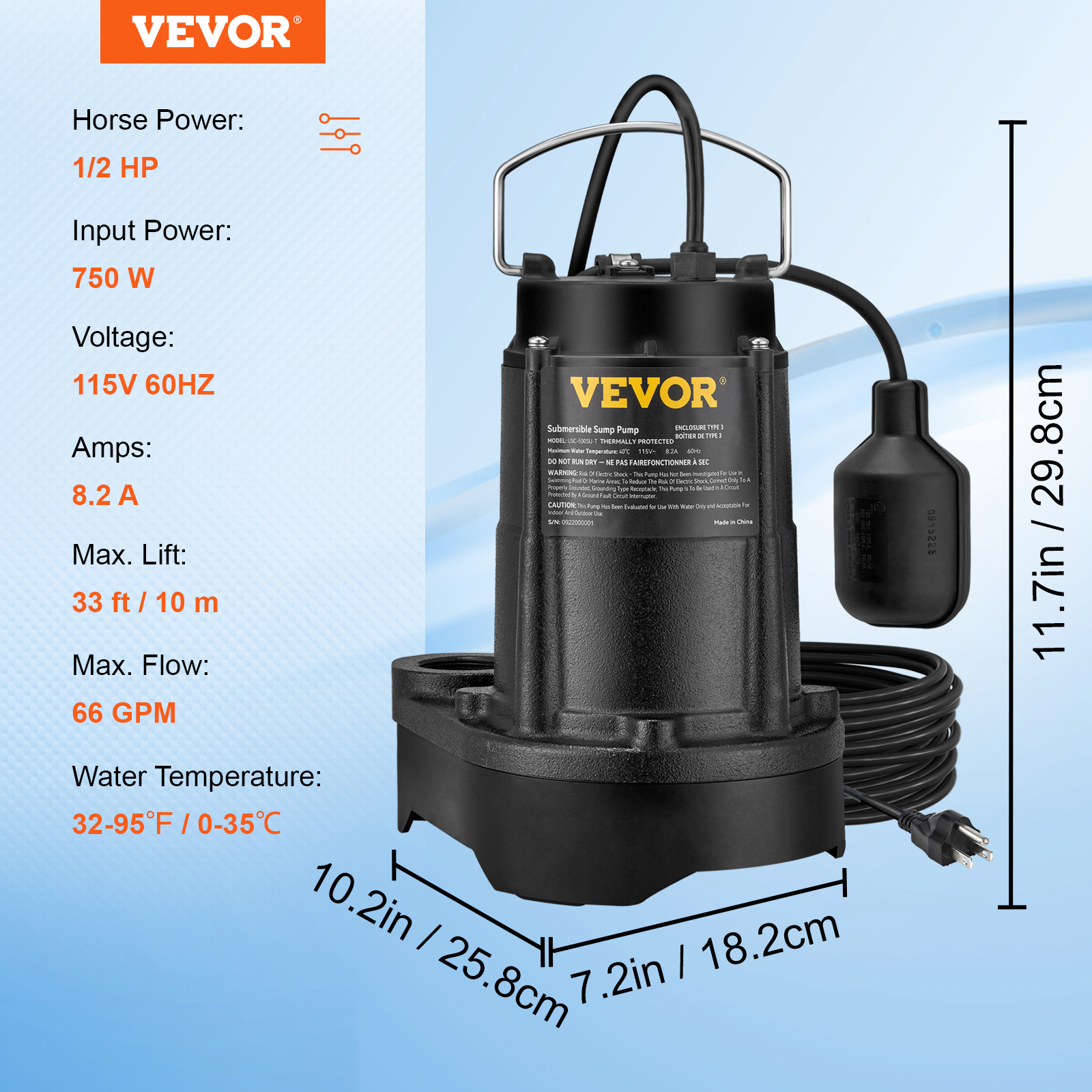 Submersible Sump Pump Water Pump 0.5/0.75/1/1.5 HP 66/72/93/98/100GPM Flow - Picture 33 of 62