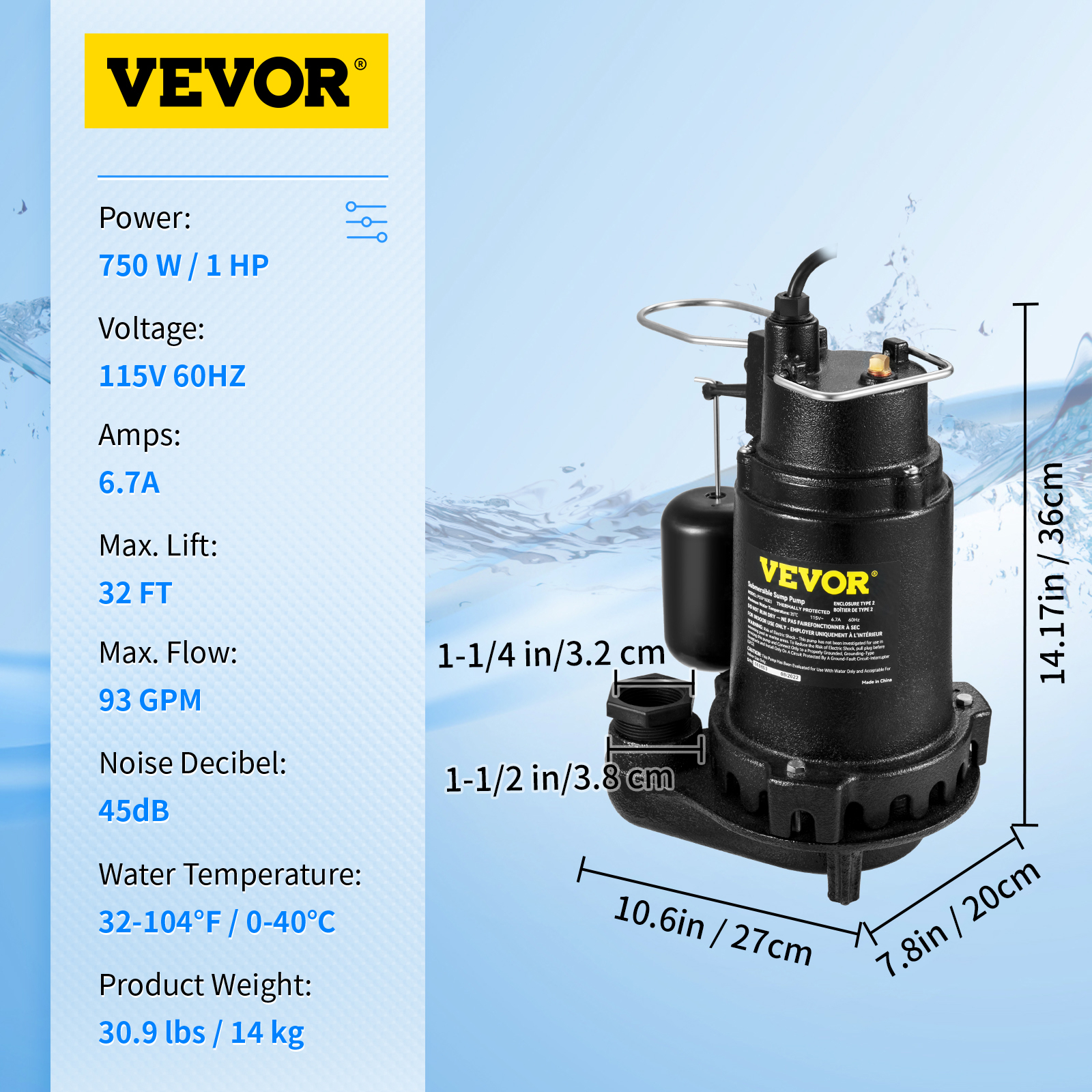 Submersible Sump Pump Water Pump 0.5/0.75/1/1.5 HP 66/72/93/98/100GPM Flow - Picture 57 of 62