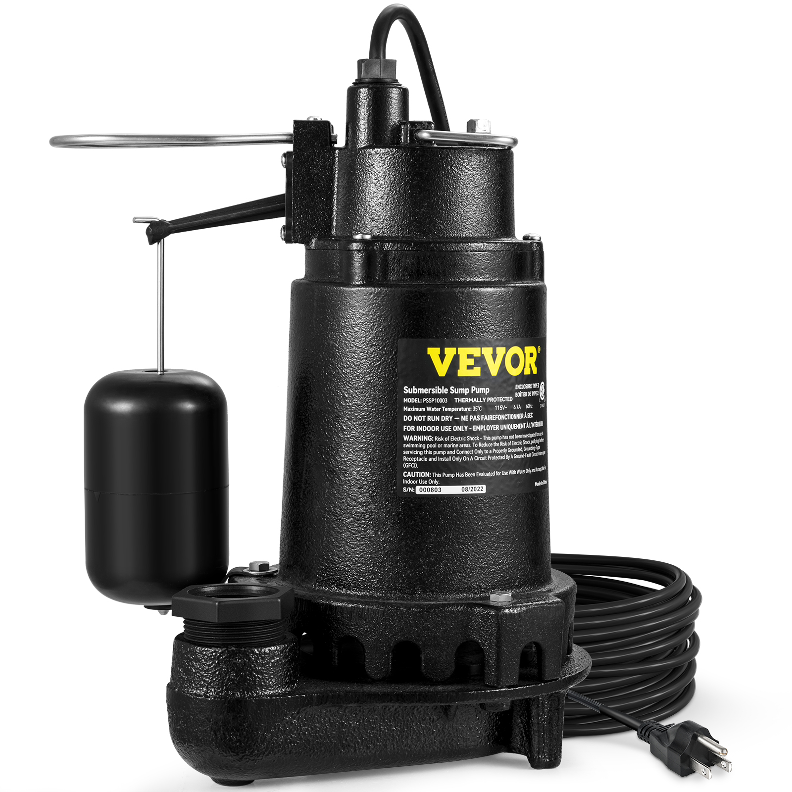 VEVOR 1HP Sewage Pump, 5600 GPH Cast Iron Submersible Sump Pump with Automatic Snap-Action Float Switch, Heavy-Duty Submersible