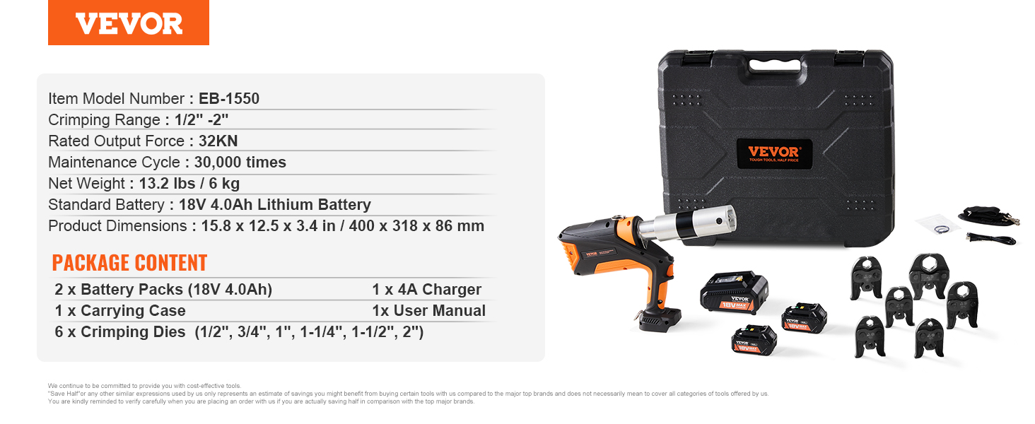 VEVOR Pro Press Tool, 18V Electric Pipe Crimping Tool for 1/2