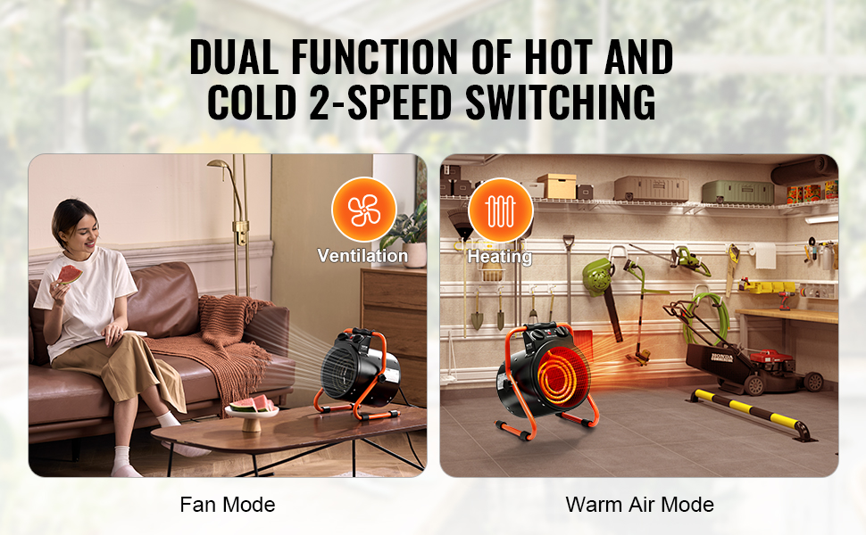 VEVOR greenhouse heater with dual function of hot and cold 2-speed switching for ventilation and heating.