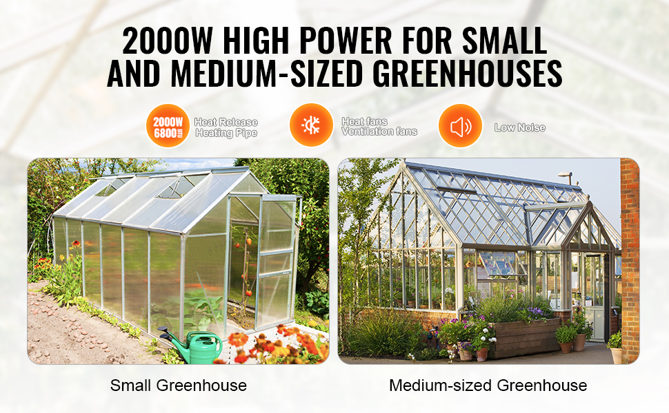 2000w VEVOR greenhouse heater for small and medium-sized greenhouses, featuring low noise and heat fans.