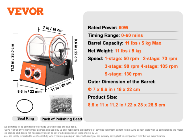 VEVOR Jewelry Polisher Tumbler, 6.6lbs/3kg Capacity Mini Rotary Tumbler Machine with 0-60 Minutes Timer, 5 Speeds Jewelry Rotary Finisher for