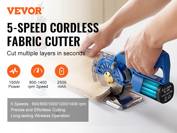 VEVOR Fabric Cutter 5-Speed Cordless Electric Rotary Fabric Cutting Machine 1.1 Cutting Thickness Octagonal with Replacement Blade and Battery