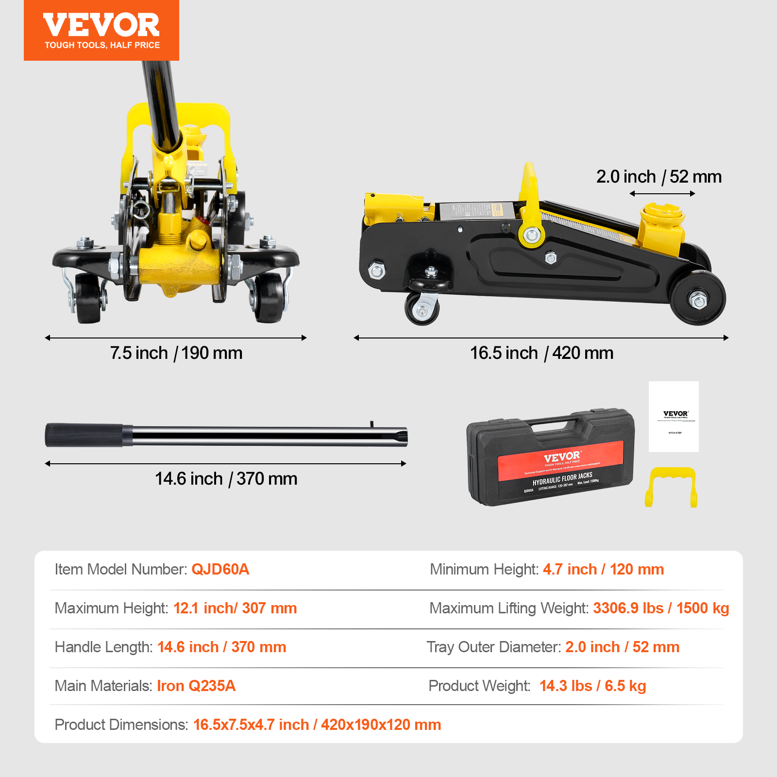 VEVOR Low Profile Floor Jack 1.5-3T Heavy Duty Single/Dual Piston Hydraulic Pump