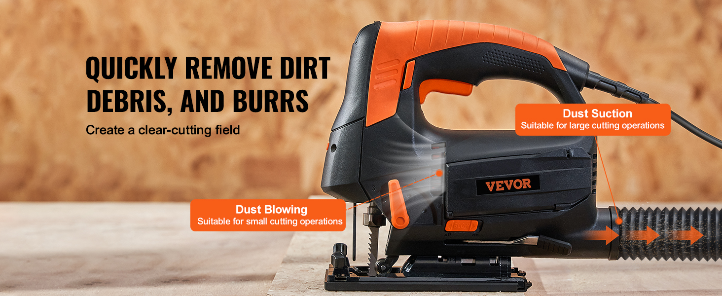 VEVOR Jig Saw, 4-Stage Orbital 0-45° Bevel Curved Cutting, 6 Variable-speed Jigsaw with Laser Scale Ruler, 3100 Speed Corded Jig Saw Power Tool Kit with Cutter Blades, 2 Dust Blowing Suction Removal