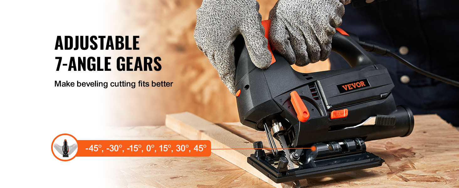 VEVOR Jig Saw, 4-Stage Orbital 0-45° Bevel Curved Cutting, 6 Variable-speed Jigsaw with Laser Scale Ruler, 3100 Speed Corded Jig Saw Power Tool Kit with Cutter Blades, 2 Dust Blowing Suction Removal