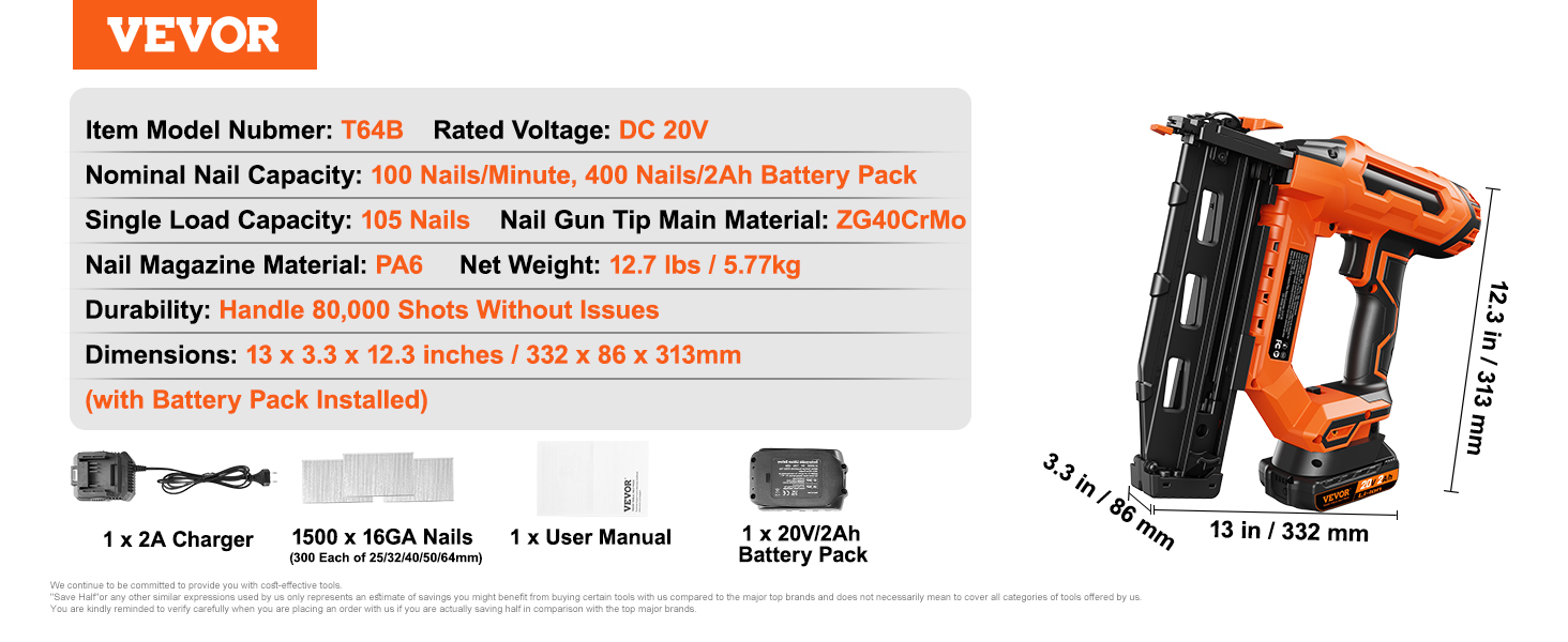 VEVOR Cordless Finish Nailer 20V Cordless Brad Nailer Kit with 16GA Nails Battery and Charger Tool-Free Jam Release Battery Powered Nail Framing
