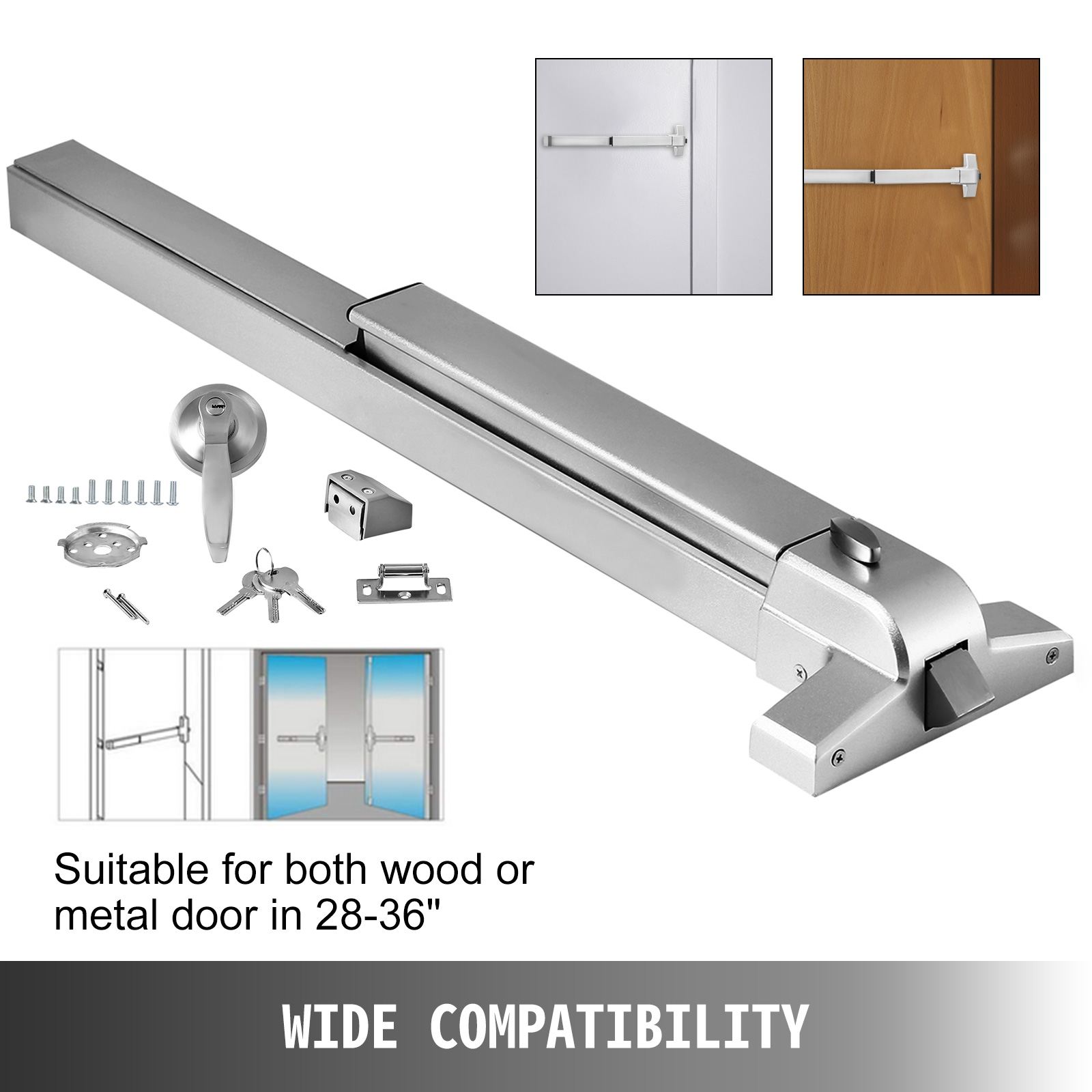 Door Push Bar Panic Exit Device Lock Kit Handle Vertical Stainless Steel w/3 Key 