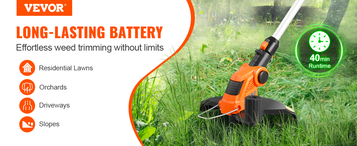 VEVOR Cordless String Trimmer, 12" 20 V Battery Powered Weed Eater With Auto Feed, 3 Spools, Battery and Charger Included, Cordless Weed Wacker for Trimming and Edging, for Lawns, Orchards, Driveways