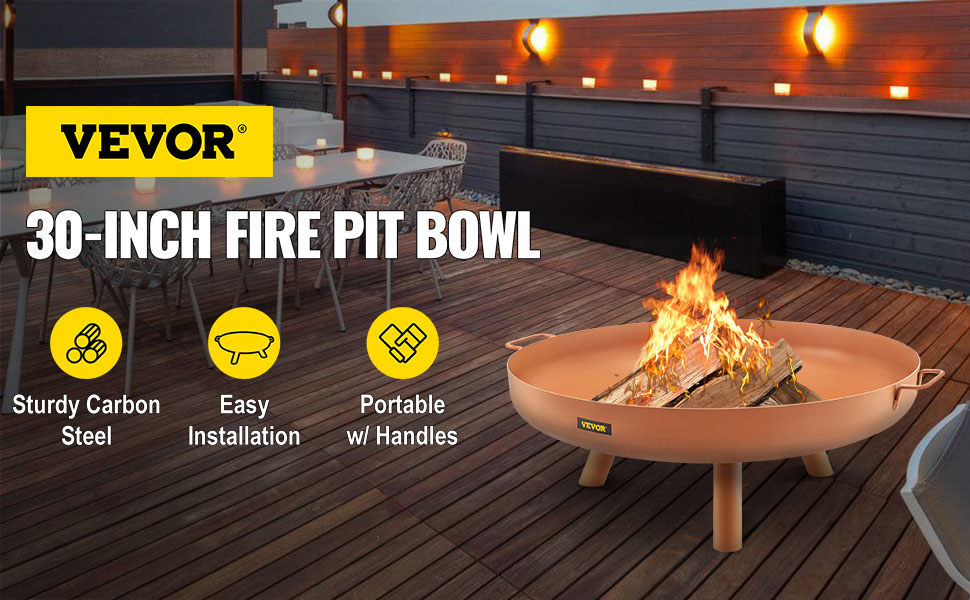VEVOR Fire Pit Bowl, 30-Inch Deep Round Carbon Steel Fire Bowl, Wood ...