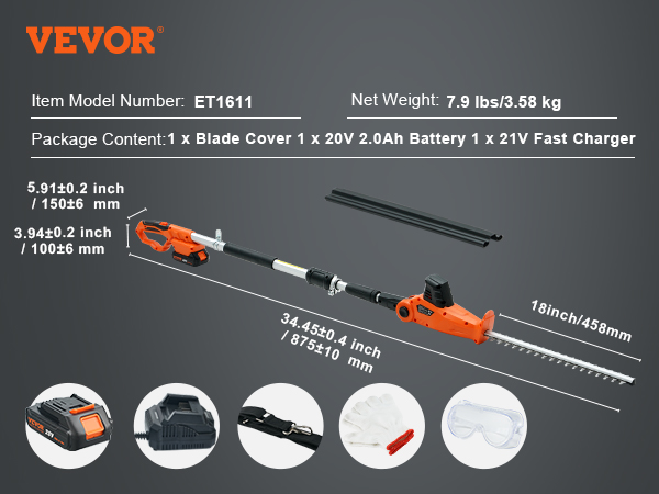VEVOR 20V Cordless Hedge Trimmer, 18 inch Double-edged Steel Blade