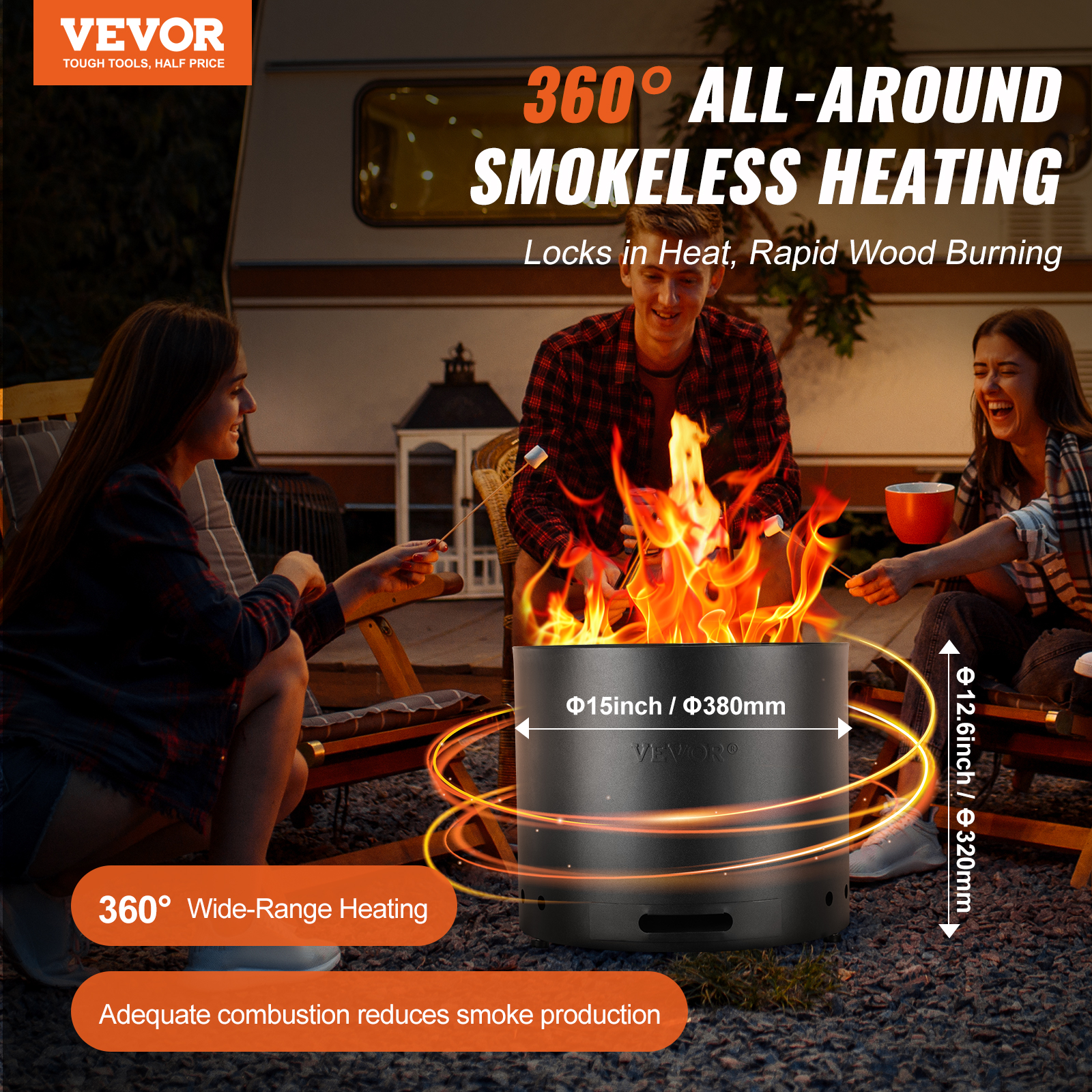 VEVOR Smokeless Fire Pit Stove Bonfire 15-28 in Dia Wood Burning Stainless Steel