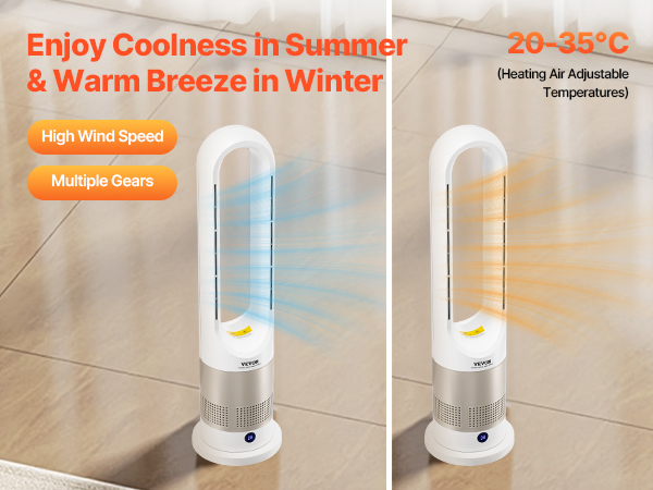 VEVOR Tower Fan Bladeless, 16 ft/s Velocity Quiet Floor Fan that