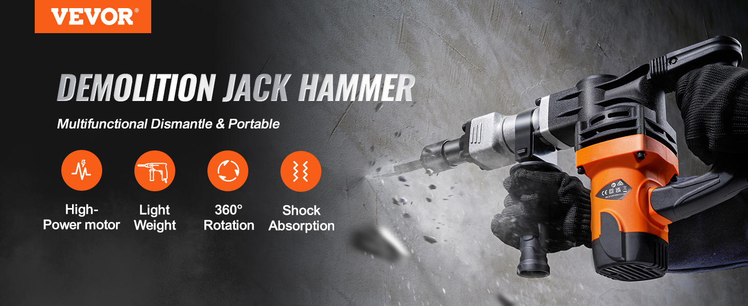VEVOR Demolition Jack Hammer, 1400W Electric Jackhammer Heavy Duty, 2900  BPM Concrete Breaker 2pcs Chisels Bits Chipping W/Case, Gloves