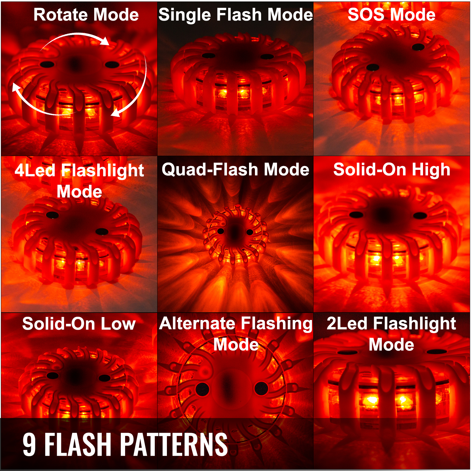 16 LED Road Flare Red Safety Flare Magnetic Flashlight 9-Mode