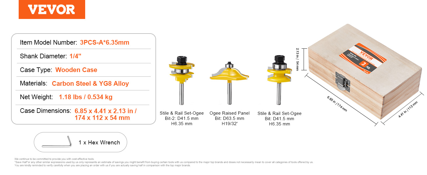 Jeu de fraises à défoncer, 3 pièces, 6,35 mm