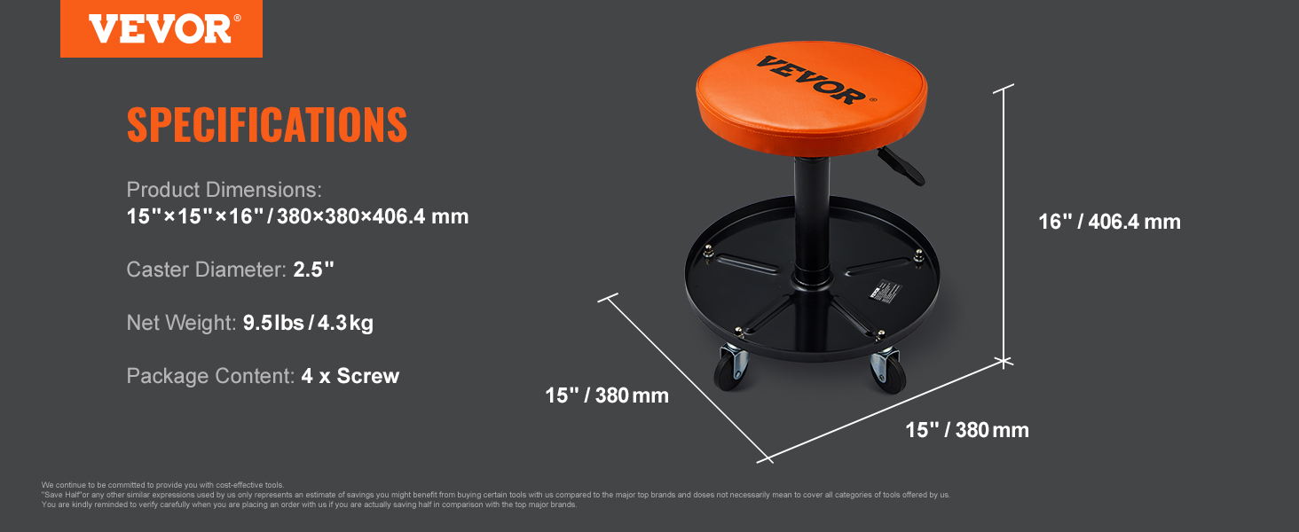 VEVOR mechanics creeper seat, orange cushion with caster wheels, dimensions: 15"x15"x16".