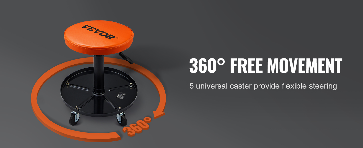 VEVOR mechanics creeper seat, orange padded seat, 5 caster wheels for 360° flexible movement.