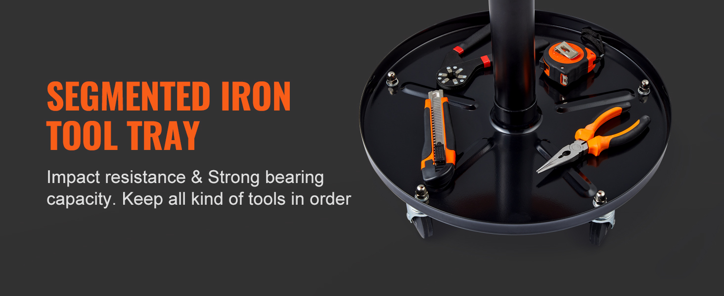 segmented iron tool tray with tools on VEVOR mechanics creeper seat, impact resistant and strong.