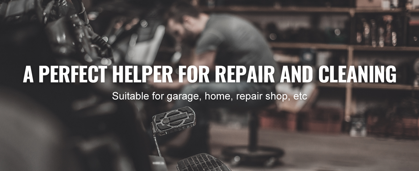 man repairing a vehicle in a garage using VEVOR mechanics creeper seat, shelves in the background.