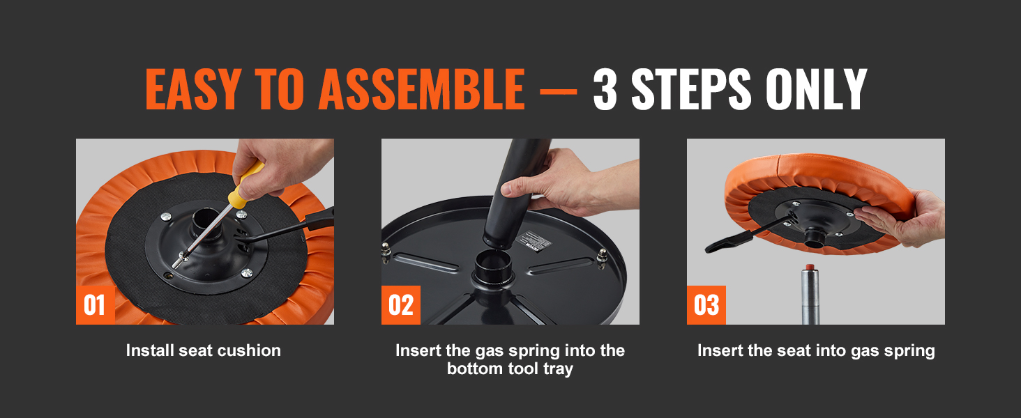 easy assembly steps for VEVOR mechanics creeper seat: install seat cushion, insert gas spring, attach seat.