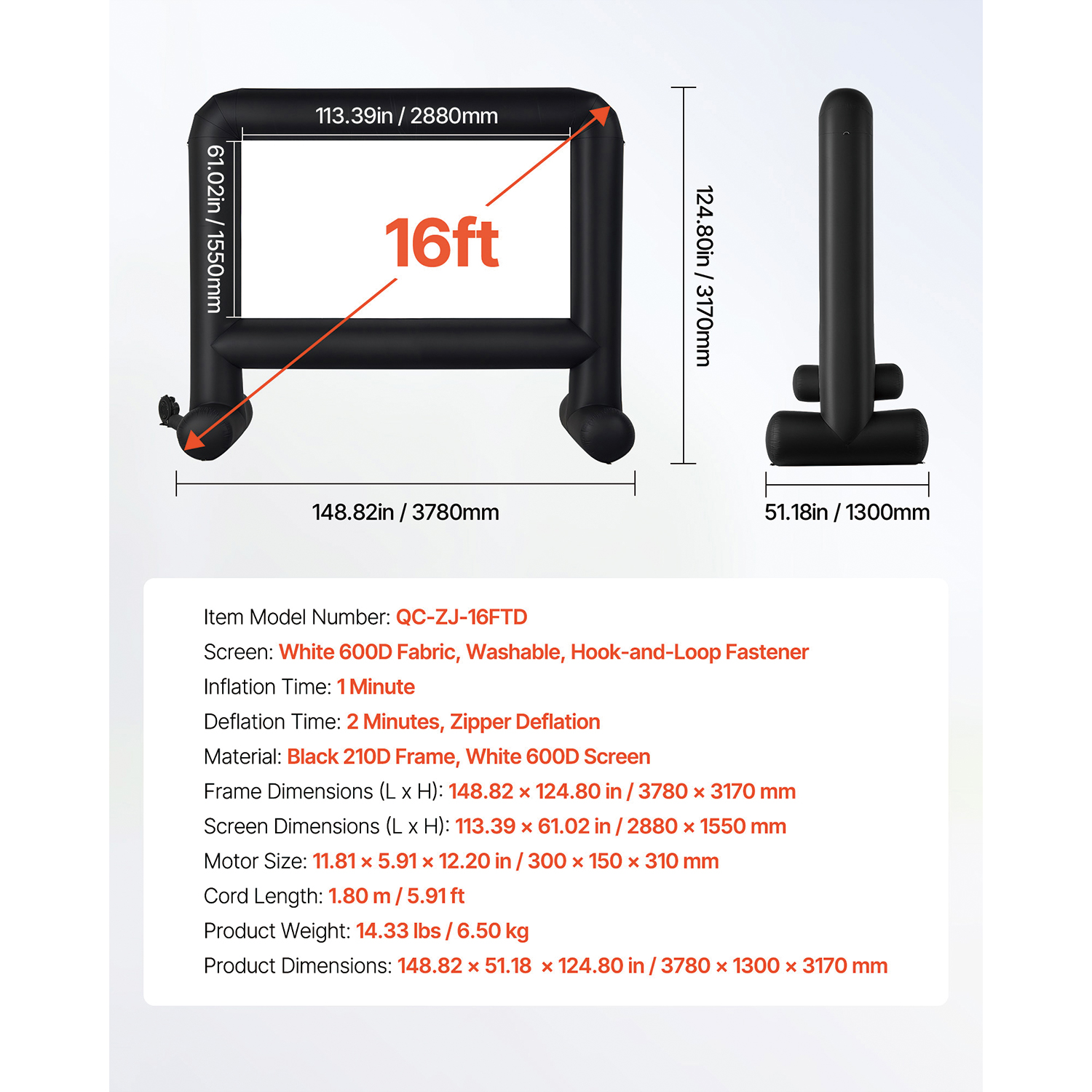 Inflatable Movie Screen 16:9 600D Movie Projection with Portable Bag