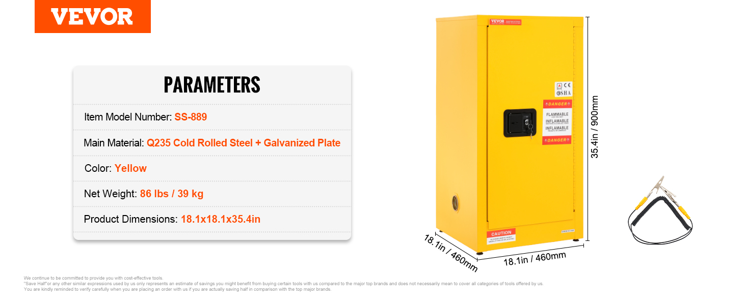 VEVOR hořlavá bezpečnostní skříň, 16 Gal, za studena válcovaná ocelová skříň na hořlavé kapaliny, 18,1 x 18,1 x 35,4 palce odolná proti výbuchu se 2 nastavitelnými policemi 1 dveřmi pro komerční průmyslové použití, žlutá