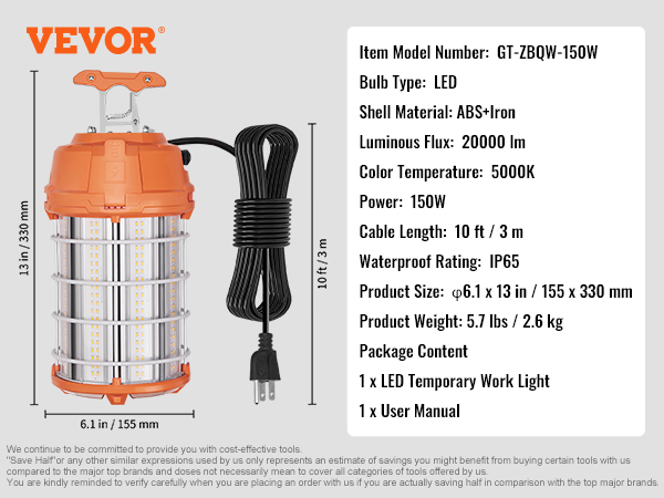 VEVOR LED Temporary Work Light, 150W, 20000lm Construction Lights, 5000K  Portable Super Bright  Waterproof  Connected Up to lights, Hanging Job  Site Lighting for Indoor and Outdoor Lighting UL
