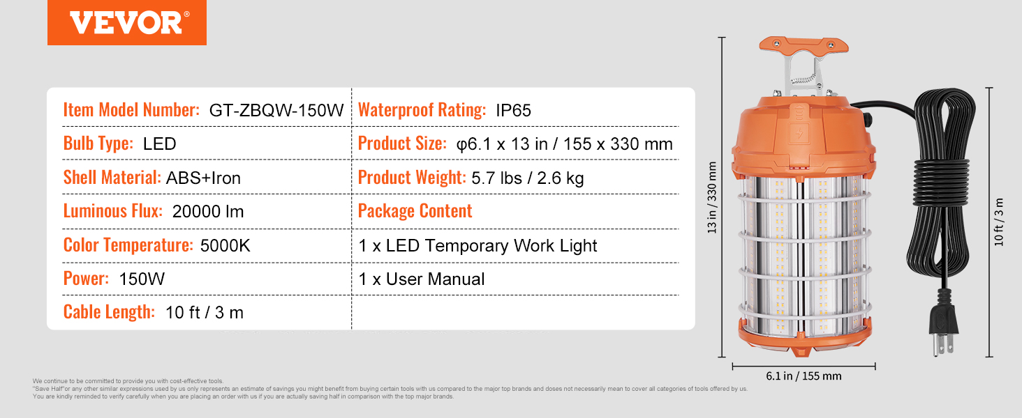 VEVOR LED Temporary Work Light, 150W, 20000lm Construction Lights, 5000K Portable Super Bright & Waterproof & Connected Up to 6 lights, Hanging Job Site Lighting for Indoor and Outdoor Lighting UL