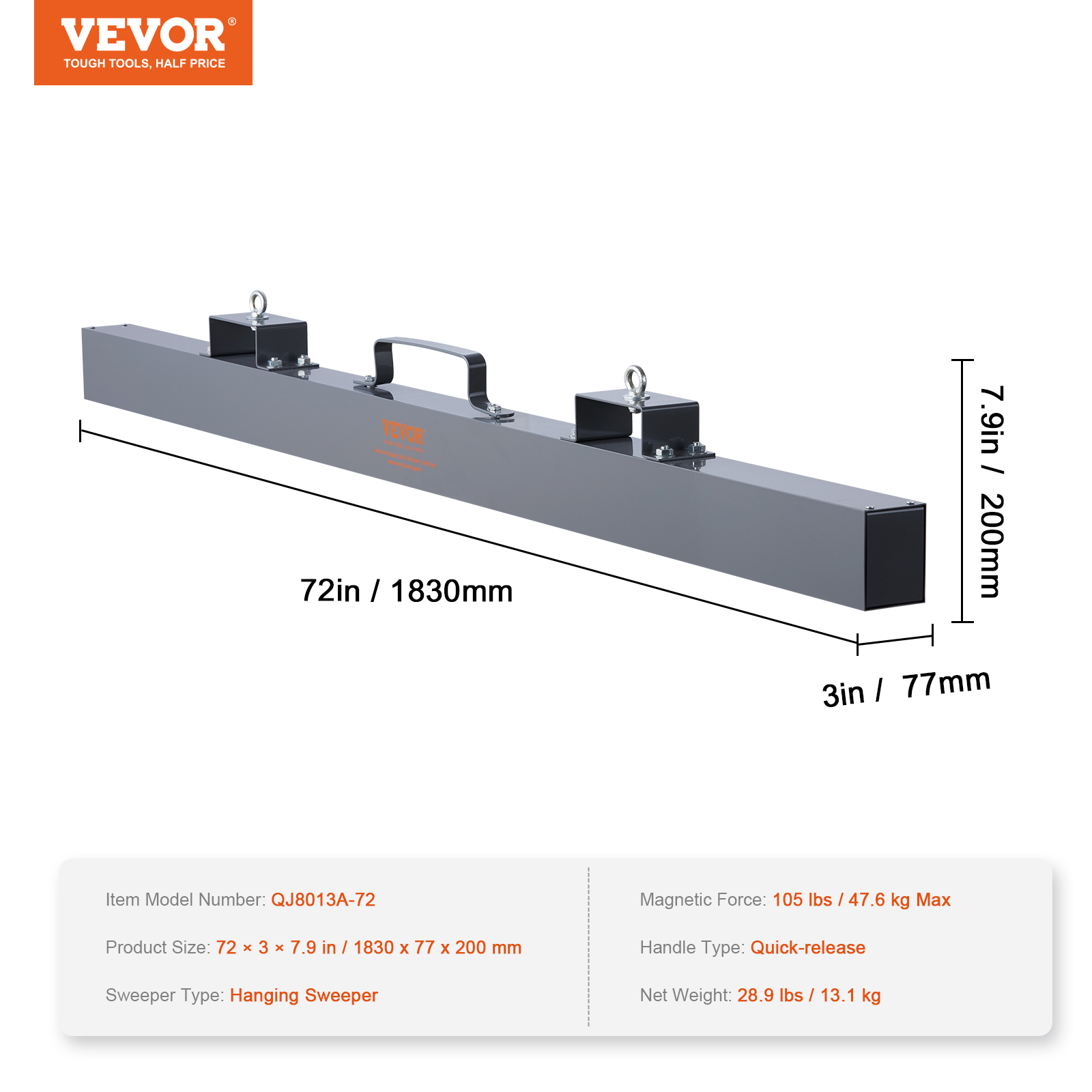 VEVOR 72in Hanging Magnetic Sweeper Tool Kit 105lbs Lifting Magnet for Forklift - Picture 7 of 12