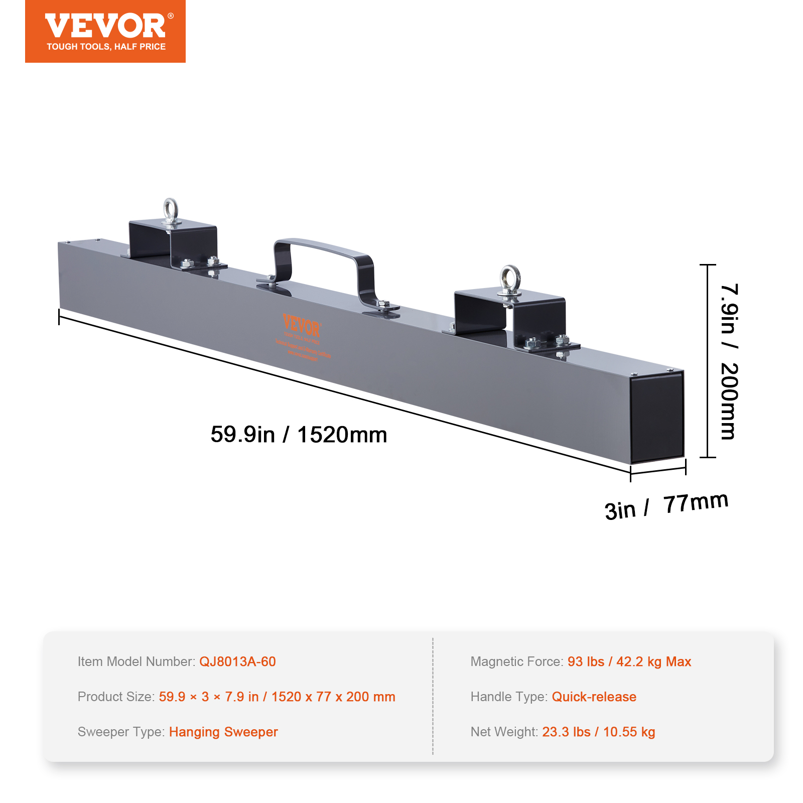 VEVOR 60in Hanging Magnet Magnetic Sweeper Tool 93lb Lifting Magnet Forklift - Picture 7 of 12