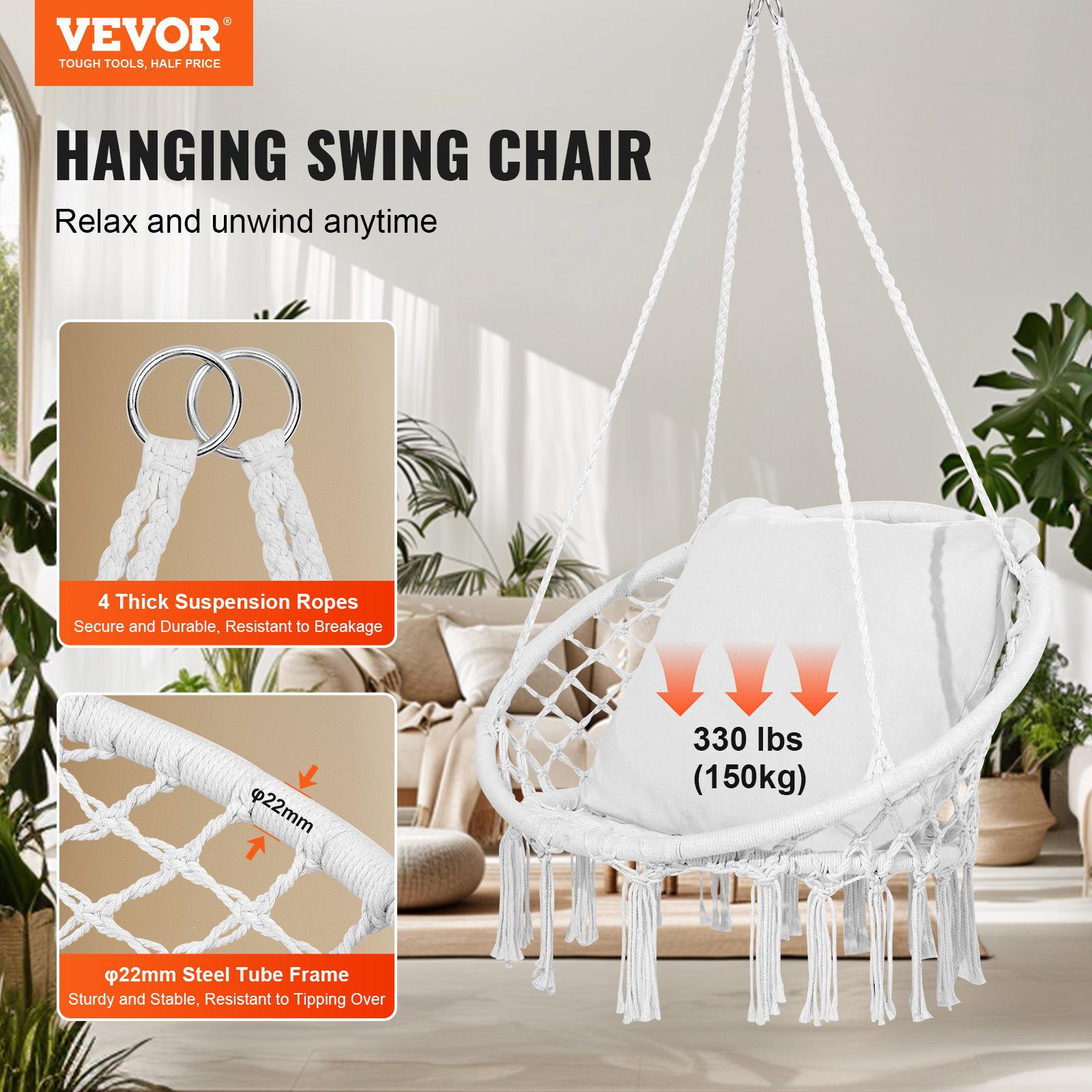 Hammock Chair Macramé Swinging Hanging Chair Outdoor Indoor