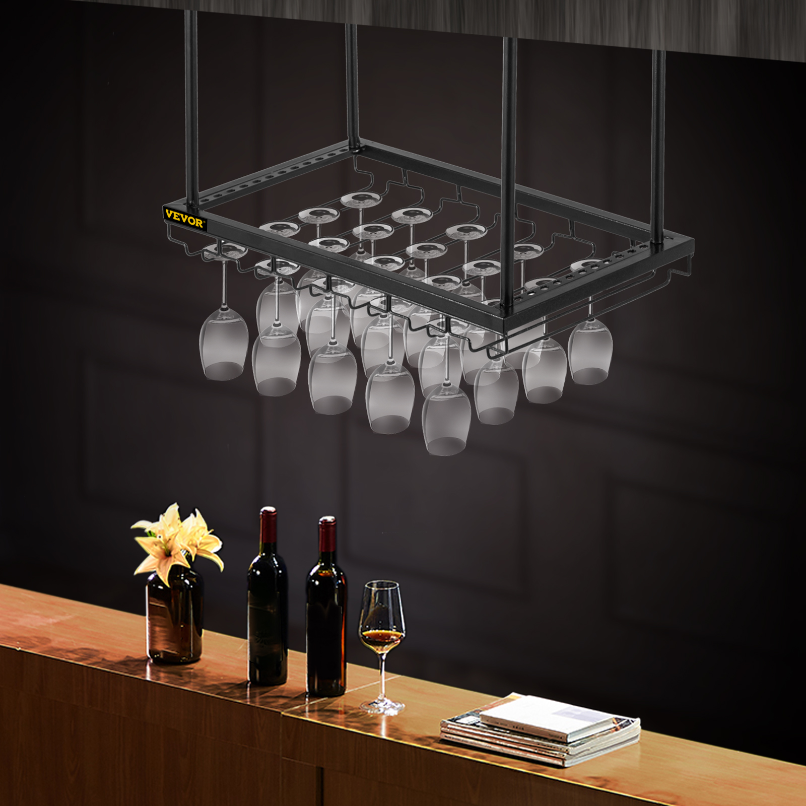 Ceiling-Mounted Bar Wine Rack Wine Glass Hanging Rack Black/Coppery ...